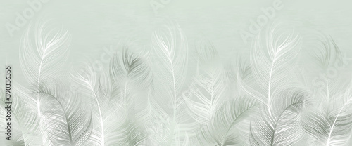 Beautiful decorative feathers on a light pistachio background. Interior printing. The mural art. © Katrine_arty