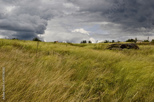 Ukrainian steppe with a stunning cloudscape. Windy weather with overcast sky in springtime. Traditional rural landscape with  in Ukraine