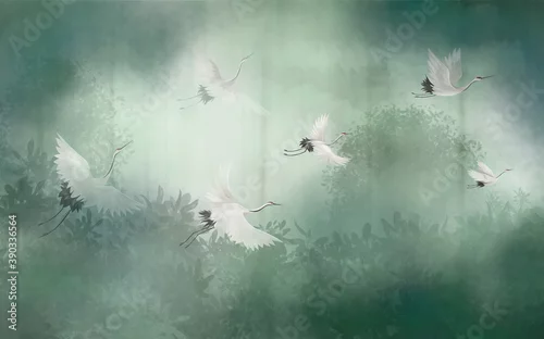 Obraz Flight of storks in the misty forest. Interior printing on the wall.
