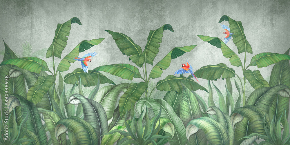 Tropical jungle with flying parrots. Against the background of textured plaster.