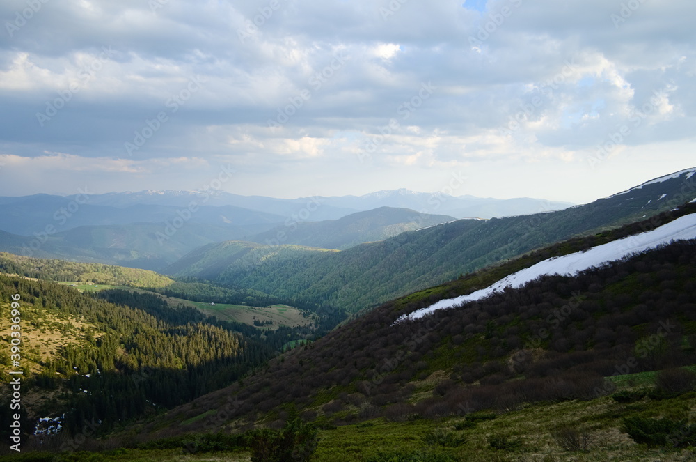 Mountain range view during hiking in Carpathian mountains in Ukraine