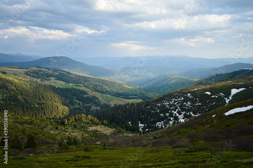 Mountain range view during hiking in Carpathian mountains in Ukraine.
