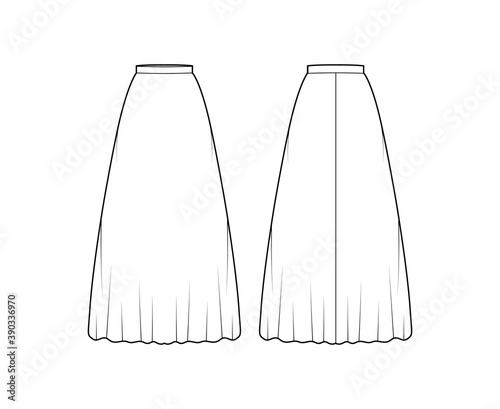 Skirt maxi long technical fashion illustration with floor ankle lengths silhouette, semi-circular fullness. Flat bottom template front, back, white color style. Women men unisex CAD mockup