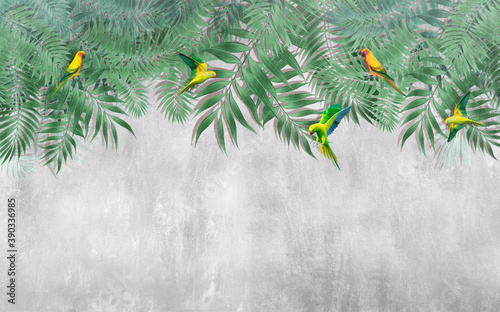 Fototapeta sztuka ptak mural krzew papużka falista