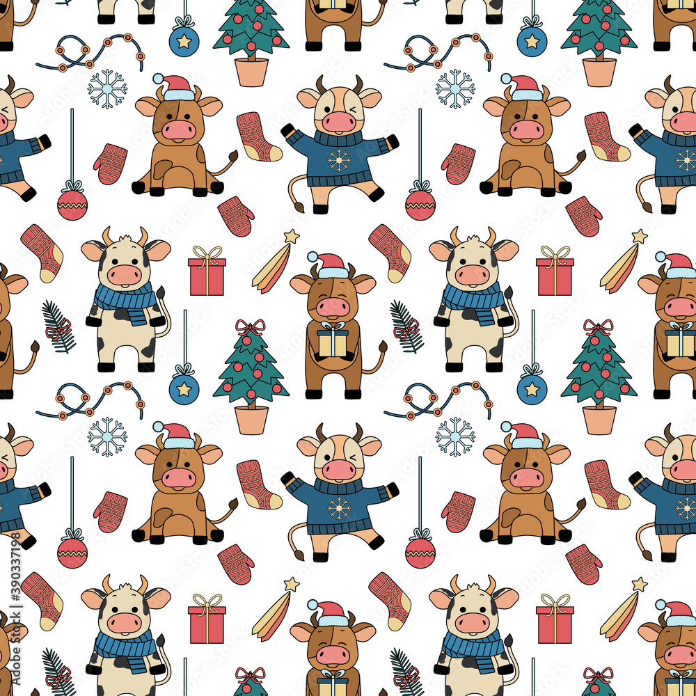 Obraz premium Seamless pattern with cartoon bulls and Christmas elements. Vector illustration with animals in winter clothes, Christmas tree, gifts, lights, mittens, socks. For textiles and decor.
