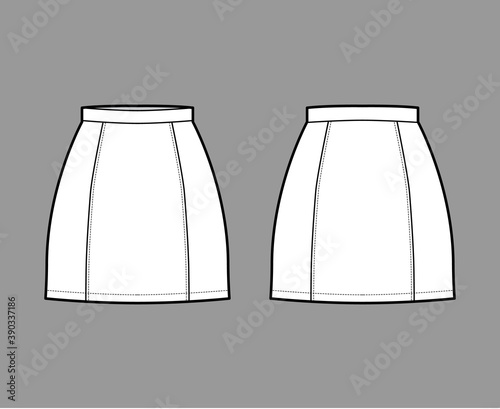 Skirt six gore mini pencil fullness technical fashion illustration with fitted silhouette, thin waistband. Flat bottom template front, back, white color style. Women, men, unisex CAD mockup
