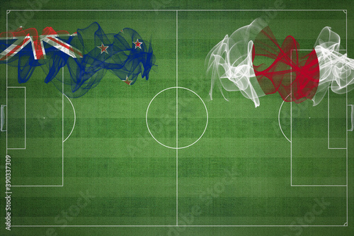 New Zealand vs Japan Soccer Match, national colors, national flags, soccer field, football game, Copy space photo