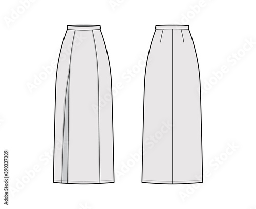 Skirt slit maxi technical fashion illustration with floor ankle lengths silhouette, pencil fullness. Flat bottom template front, back, grey color style. Women men unisex CAD mockup