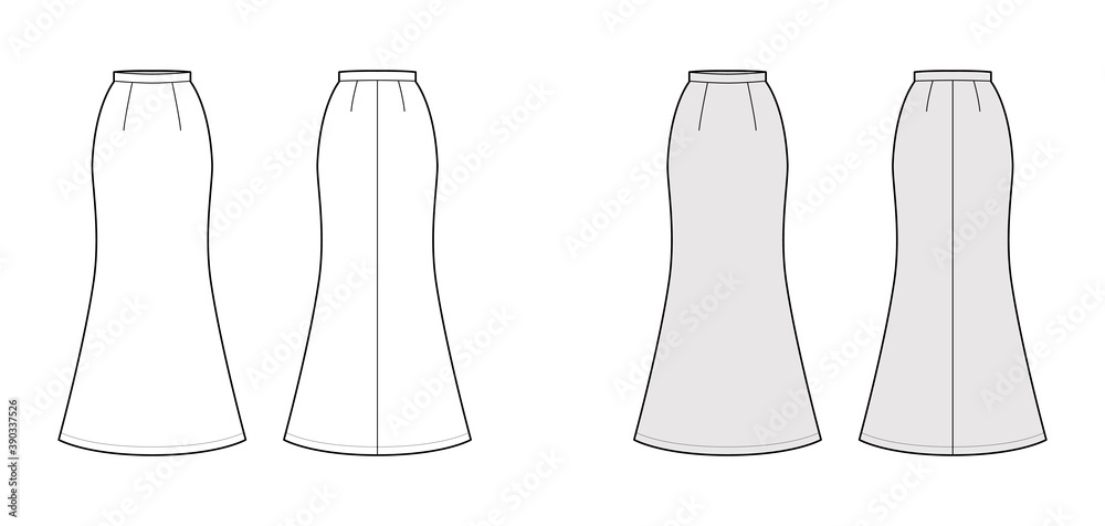Skirt trumpet maxi technical fashion illustration with floor ankle lengths silhouette, pencil fullness. Flat bottom template front, back, white grey color style. Women men unisex CAD mockup