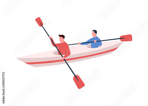 Kayakers flat color vector faceless character. Active lifestyle. Water sport. People swimming in canoe with oar. Kayaking isolated cartoon illustration for web graphic design and animation