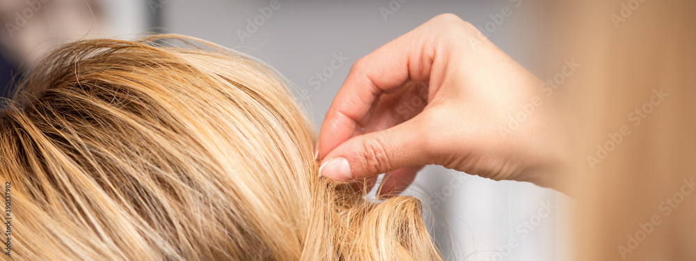 Fototapeta premium Close up back view of hand of female hairdresser makes hairstyle of young blonde woman in beauty salon