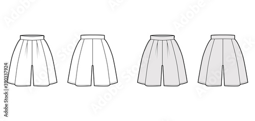 Shorts skirt culotte technical fashion illustration with mini length, oversize silhouette, thick waistband, side zipper. Flat bottom template front, back, white grey color style. Women, men CAD mockup