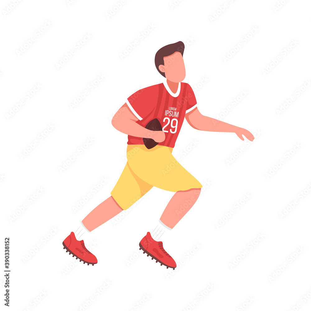 Rugby player flat color vector faceless character. Professional sportsman running with ball. American football game isolated cartoon illustration for web graphic design and animation