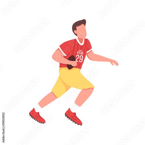 Rugby player flat color vector faceless character. Professional sportsman running with ball. American football game isolated cartoon illustration for web graphic design and animation