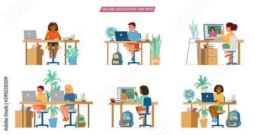 Online Education For Children Vector Set. Different Ethnicity Boys And Girls Sitting At Desks In Front Of Laptops Learning.