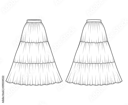 Skirt gypsy dirndl technical fashion illustration with maxi floor length silhouette, circular fullness. Flat bottom template front, back, white color style. Women, men, unisex CAD mockup