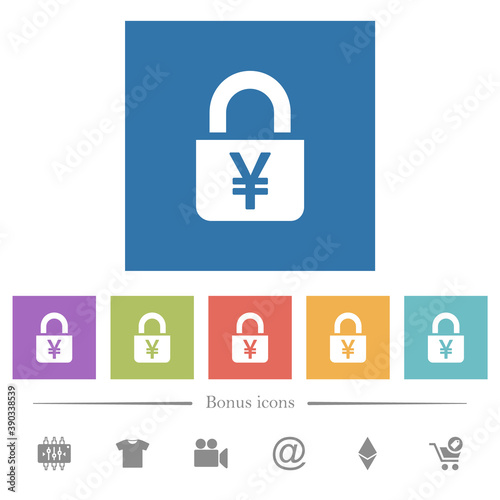 Locked Yens flat white icons in square backgrounds