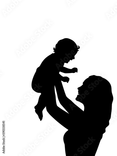 Silhouette happy mother holding newborn baby in air closeup