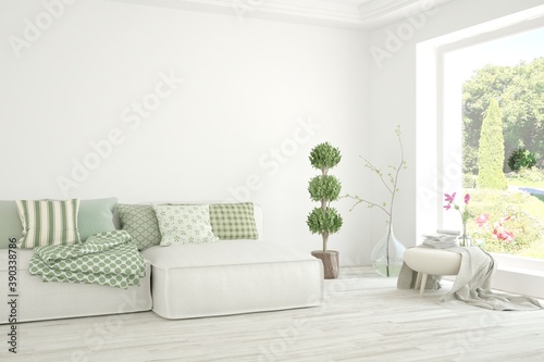 White living room with sofa and summer landscape in window. Scandinavian interior design. 3D illustration