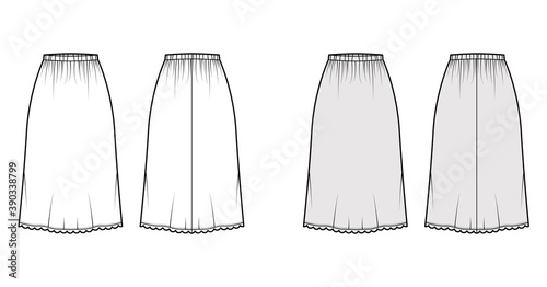 Skirt slip dirndl technical fashion illustration with below-the-knee silhouette, A-line fullness, scalloped edge. Flat bottom template front, back white grey color style. Women, men, unisex CAD mockup