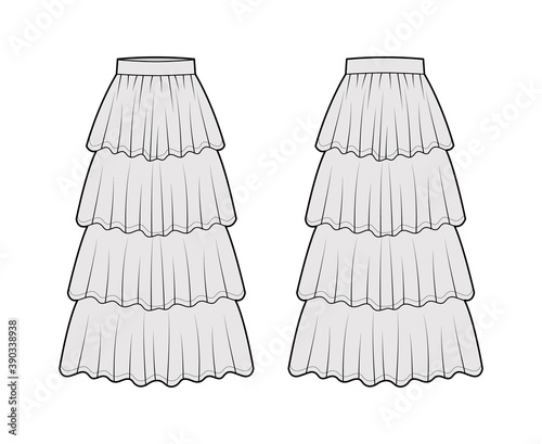 Skirt 4 layered flounce maxi technical fashion illustration with floor ankle lengths silhouette, circular fullness. Flat bottom template front, back grey color style. Women men unisex CAD mockup