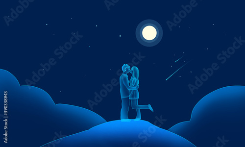 Couple kissing in the moonlight background image, illustration background, illustration rendering