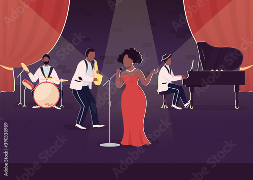 Live jazz band concert flat color vector illustration. Performance with singer and musical instruments. Night show. African blues musicians 2D cartoon characters with stage on background