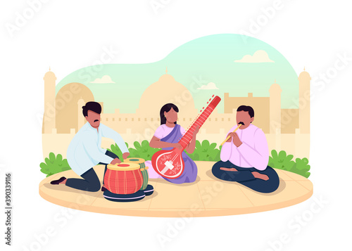Indian traditional music 2D vector web banner, poster. Ceremony music performance. Indian musicians flat characters on cartoon background. Street concert printable patch, colorful web element