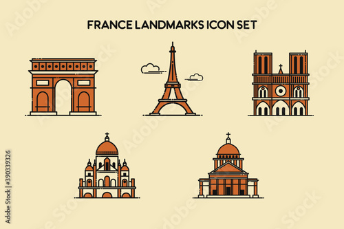 France Landmarks Building Lineal Icon Pack - Landmarks Building Icon Vector Illustration Concept. 