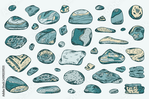 Blue Sea stones collection. Hand drawn doodle Sea Pebbles - vector illustration
