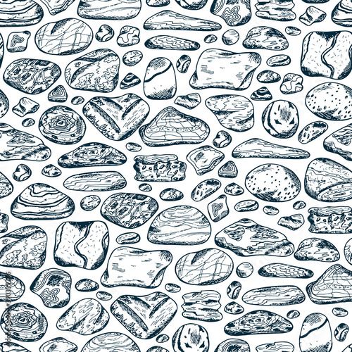 Sea stones seamless pattern. Hand drawn doodle sea pebbles - vector illustration. Black and white background