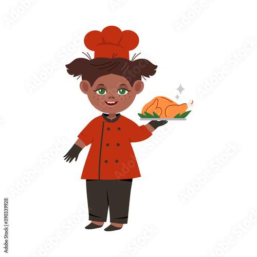 Smiling Girl Wearing Red Toque and Jacket Holding Roasted Turkey Vector Illustration