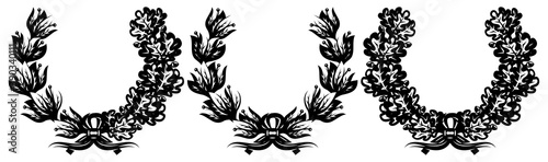 Set of three vintage wreaths. Laurel and oak leaves. Elements for design. Monochrome vector illustration