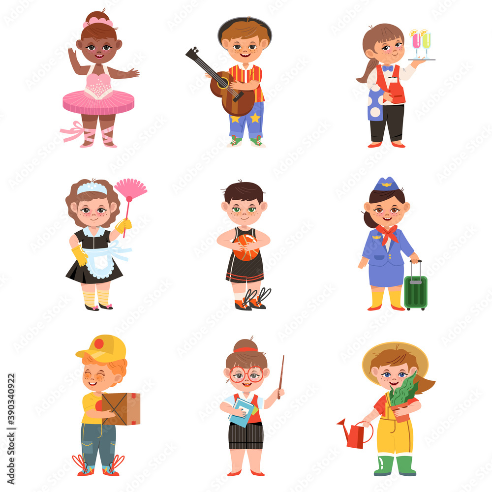 Cheerful Children Depicting Different Professions Like Ballerina and Teacher Vector Set