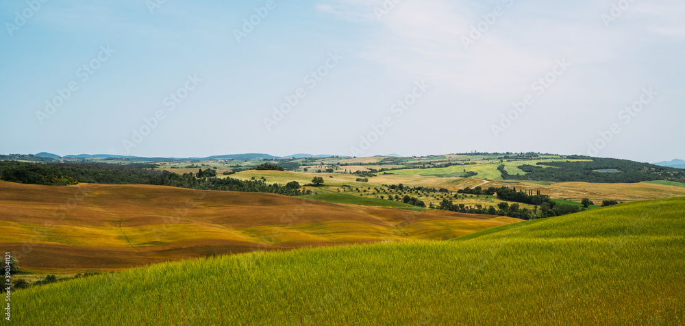 Tuscany village landscape on a sun day, Italy. Beautiful green hils and rural fields. Agricultural area with fields and cypresses.
