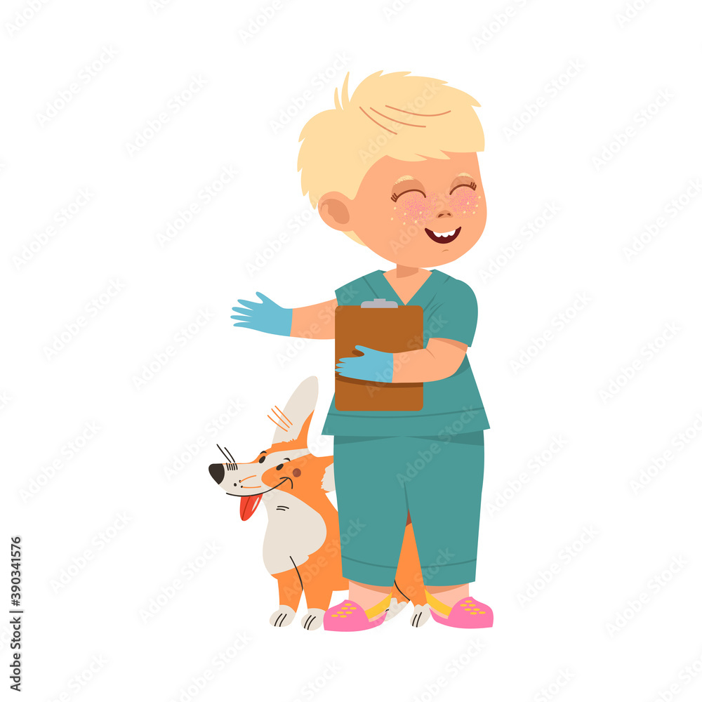 Funny Boy in Vet Uniform Engaged in Veterinary Physician Occupation Vector Illustration