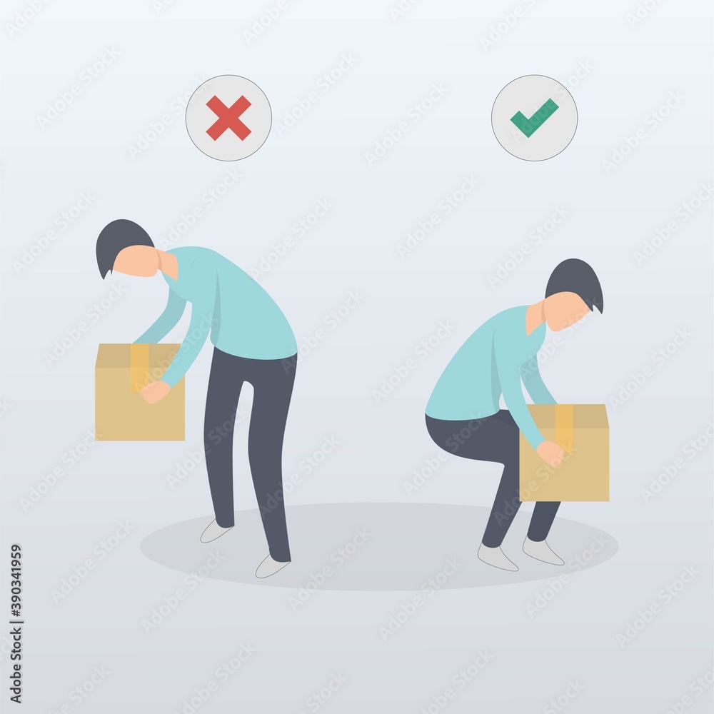 Correct posture to lift a heavy object safely. Illustration of health care. vector illustration. Instruction, incorrect,Vector illustration.