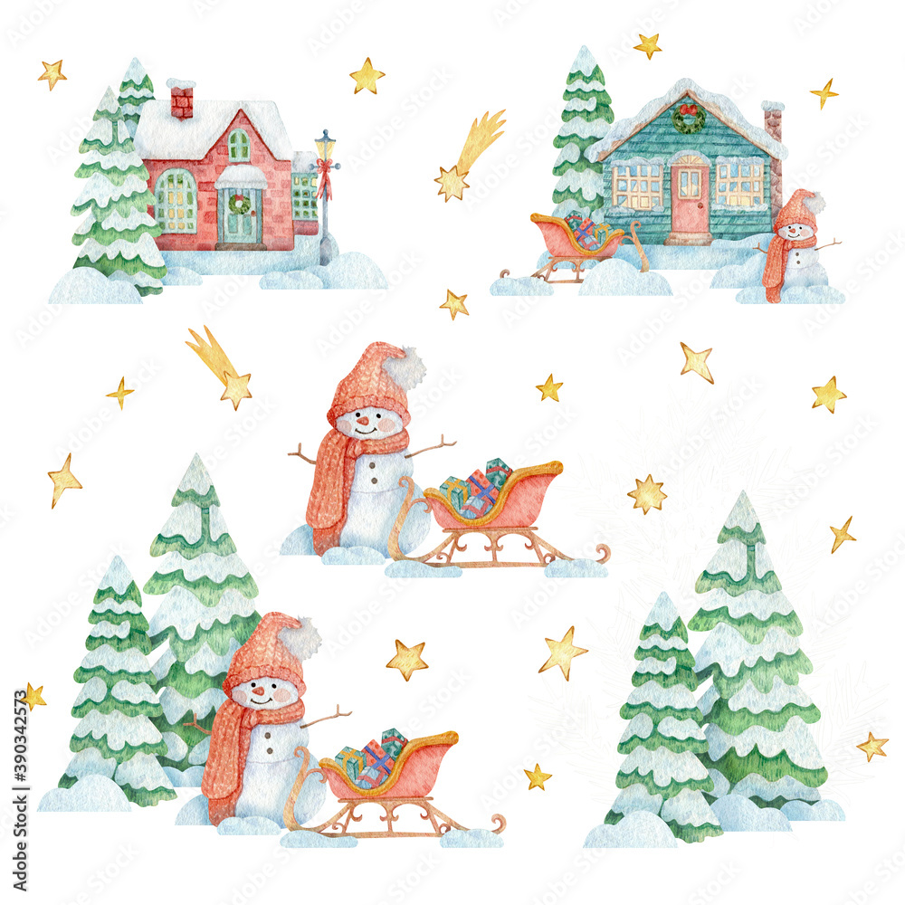 Watercolor set of illustrations. Christmas compositions with cute houses, Christmas trees, snowmen, sleighs with gifts and stars. Clip art for stickers, postcards, decoration, scrapbooking and design.