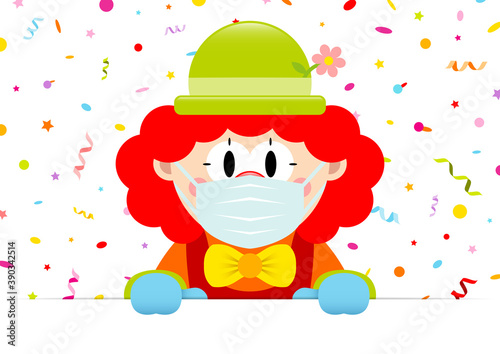 Rothaariger Clown Hält Horizontales Banner Luftschlangen Und Konfetti