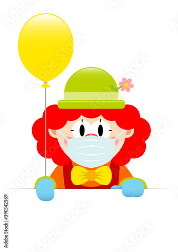 Rothaariger Clown Hält Gelben Luftballon Banner