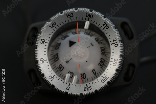 Close up of compass, waterproof compass for diving and outdoor activities