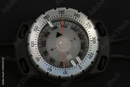 Close up of compass, waterproof compass for diving and outdoor activities