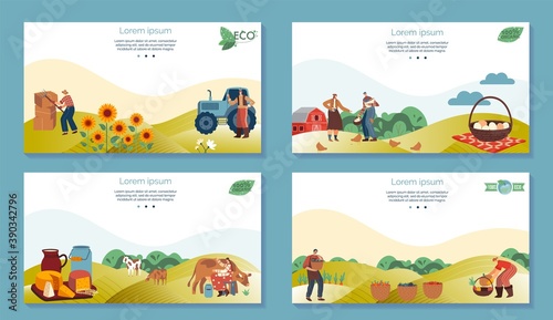 Farm agriculture product vector illustrations. Cartoon flat farmer people working in farmfield, harvesting vegetables, sunflowers and wheat, worker character milking cow. Agricultural production set