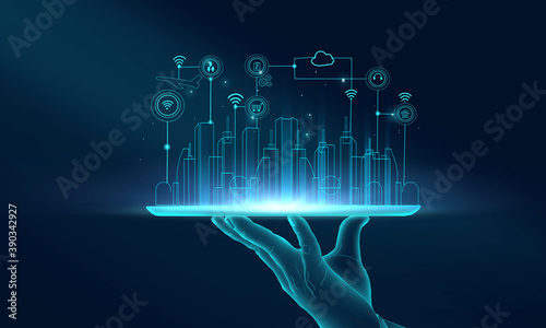 Internet information technology, network technology city, illustration background, illustration rendering