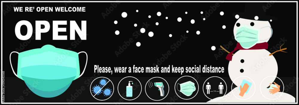 Welcome now open keep social distance and use face mask. Vector.Welcome ...
