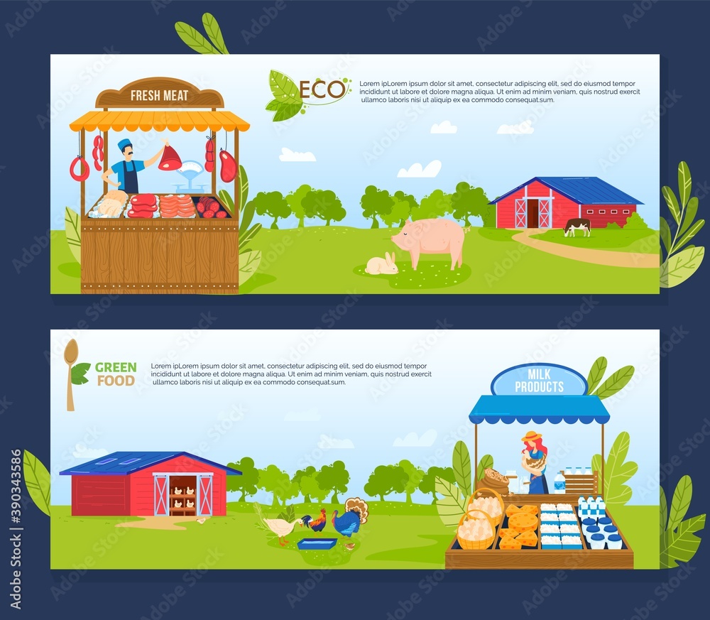 Farm agriculture vector illustrations. Cartoon flat banner collection with farmer characters selling fresh meat and dairy products at retail shop or street market stall, agricultural production set