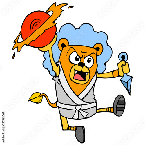 lion fighter is exerting strength to attack the enemy