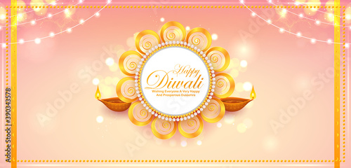 illustration of decorative burning oil diya on Happy Diwali Holiday background for light festival of India