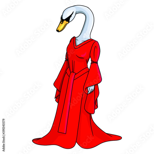 comic swan princess in red dress. Children's book, illustration.