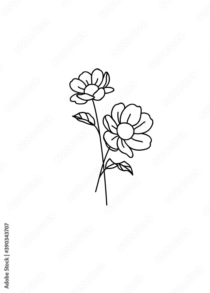 One line drawing. Bouquet of flowers with stem and leaves. Hand drawn sketch.  Vector illustration. Stock Vector | Adobe Stock